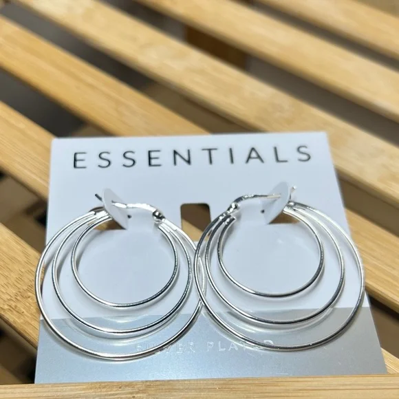 Essentials Silver Plated Triple Graduated Hoop Pierced Earrings 1 1/2” - Picture 2 of 8